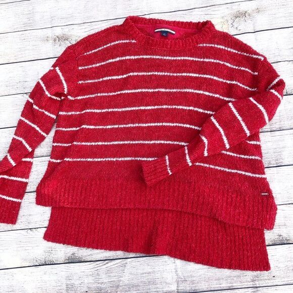 Tommy Hilfiger Red Fuzzy Sweater w/ White Stripes - Picture 1 of 5